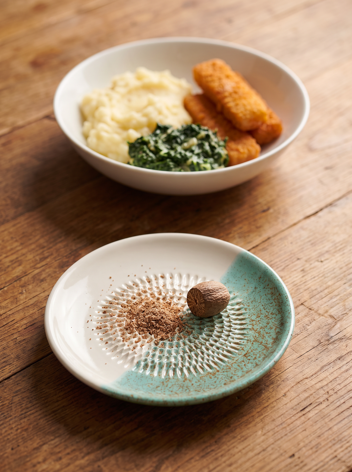 Hausgemachter Kartoffelbrei mit Muskat, Rahmspinat & knusprigen Fischstäbchen