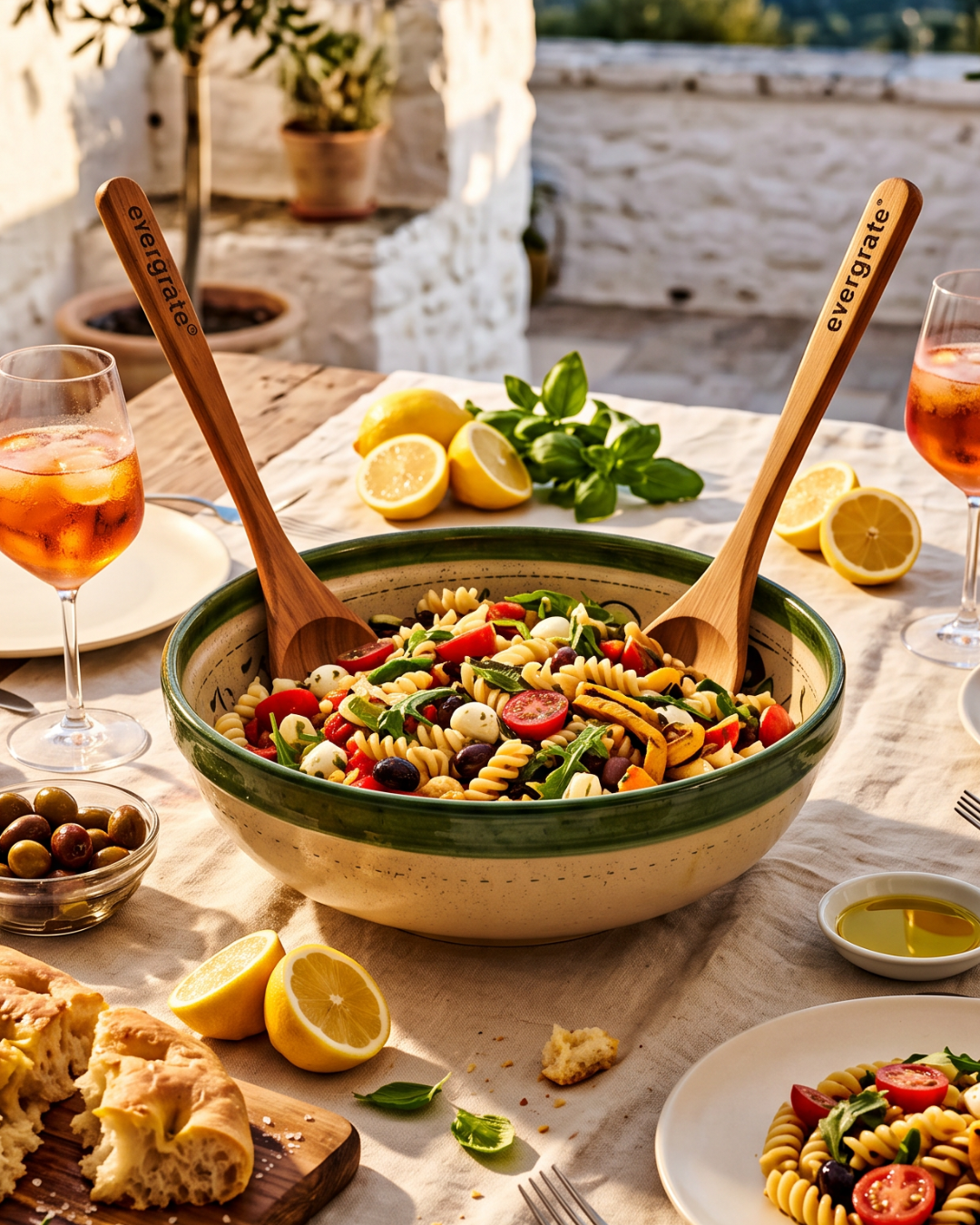 Italienischer Nudelsalat mit getrockneten Tomaten und Rucola aus der Reibeschüssel