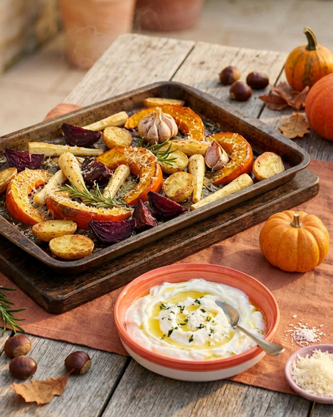 Rezept für buntes Ofengemüse mit Kartoffeln vom Blech mit Joghurt Dip