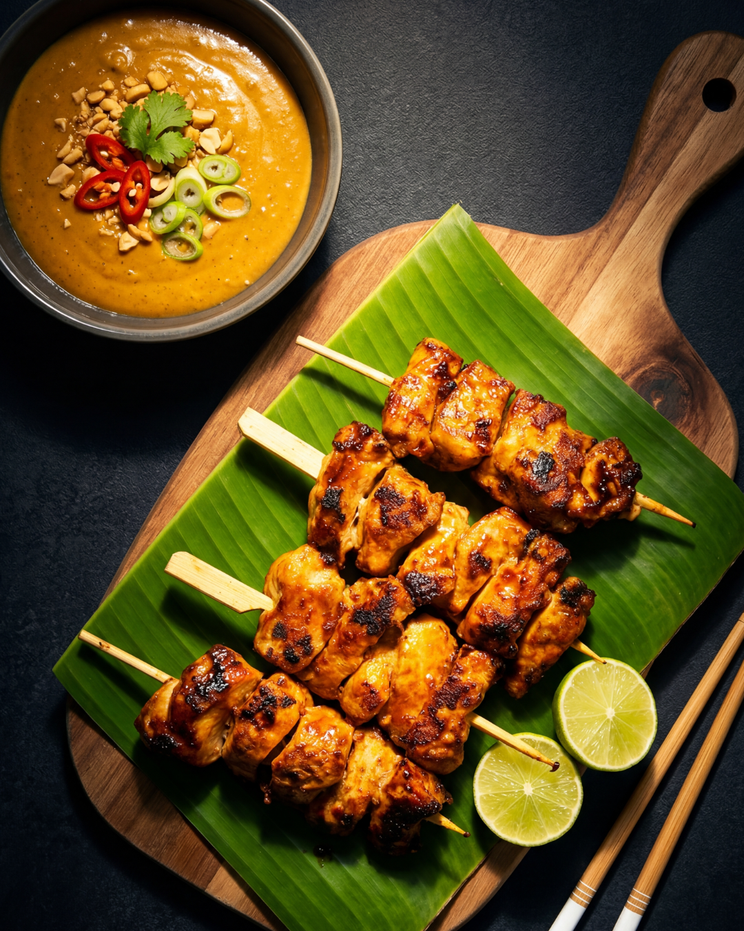 Sate Sauce mit Erdnüssen dekoriert in einer Schale und mit Hänchenspießen angerichtet