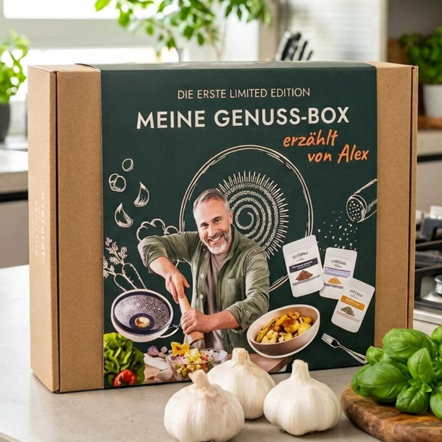 Genuss-Box Alex inkl. 3 Gewürze, Rezeptheft & Knoblauchschäler
