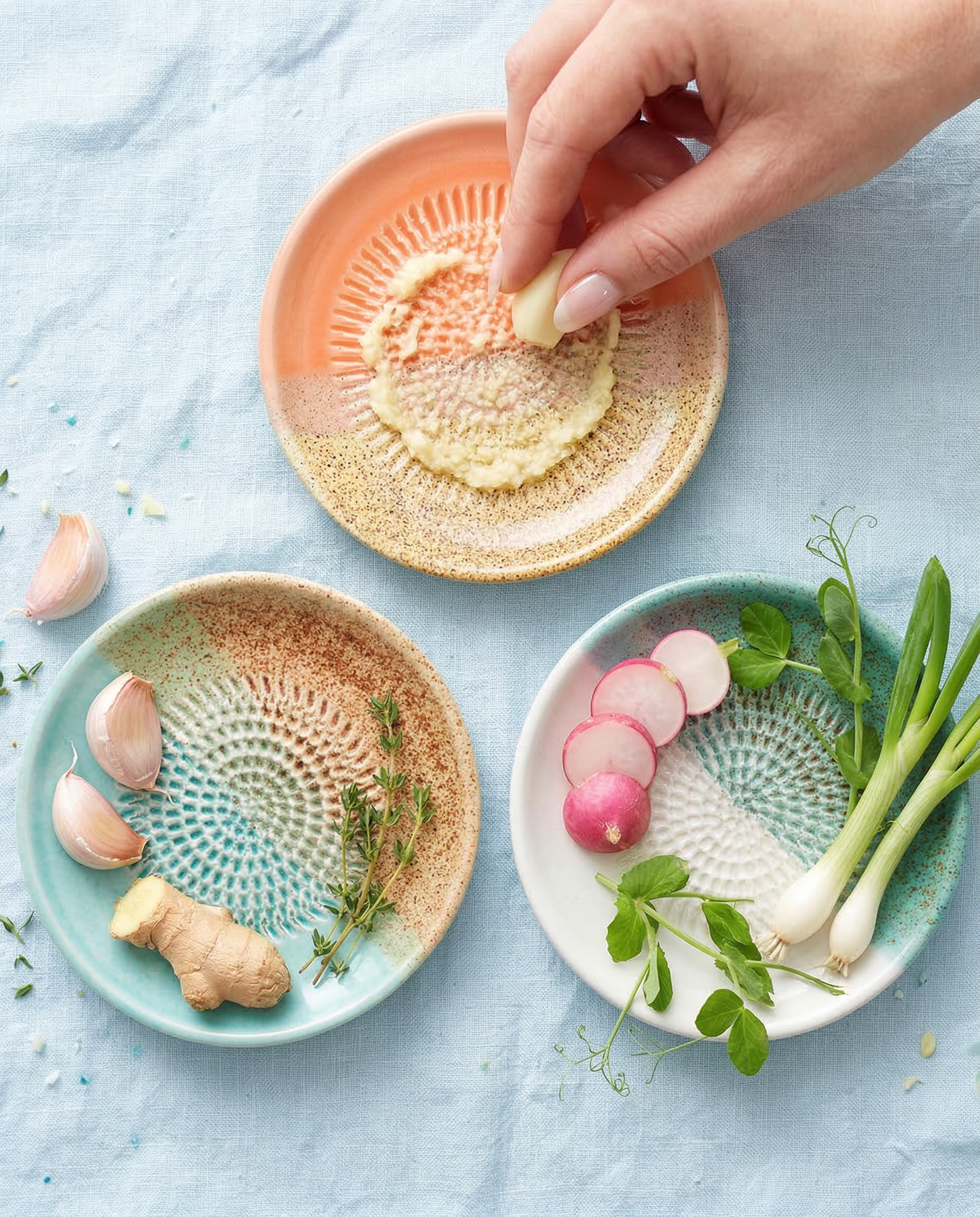 Oster-Geschenkset mit 3 Tellerreiben, jeweils mit Rezeptheft u. Reinigungspinsel