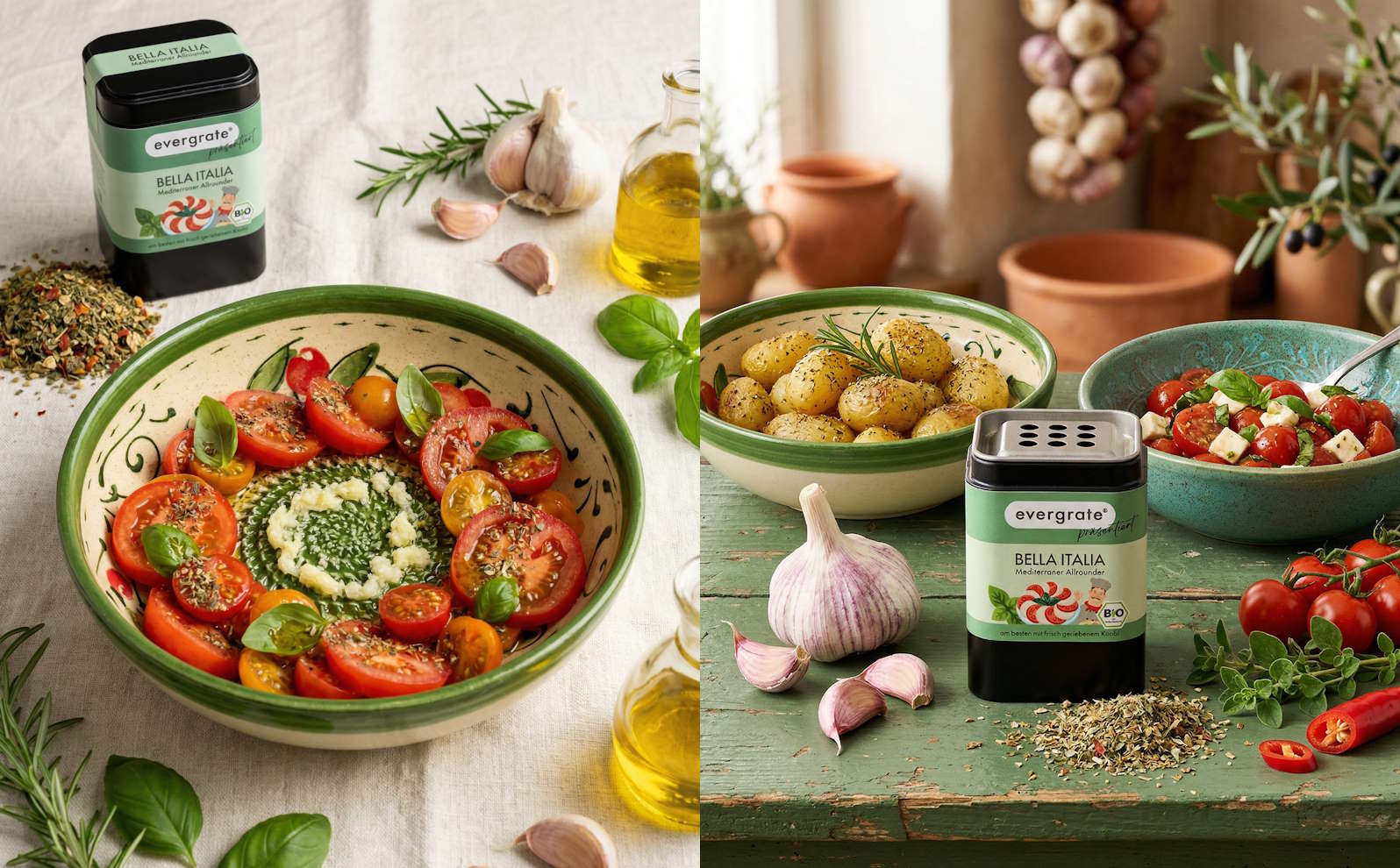 Bio Gewürzmischung Bella Italia zusammen mit frischem Knoblauch in einer Reibeschüssel für besonders aromatische Gerichte