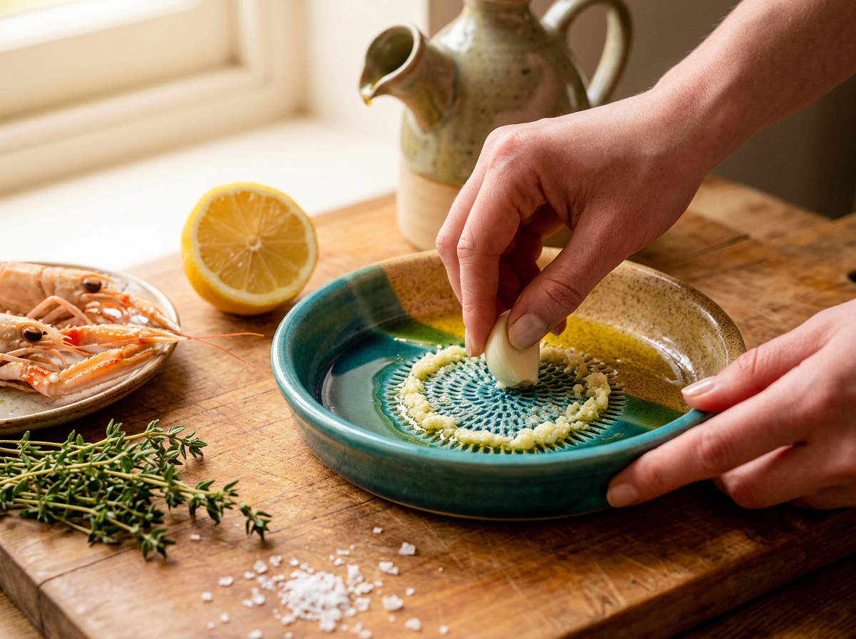 In einem Dipschalen Set aus Keramik wird Knoblauch gerieben