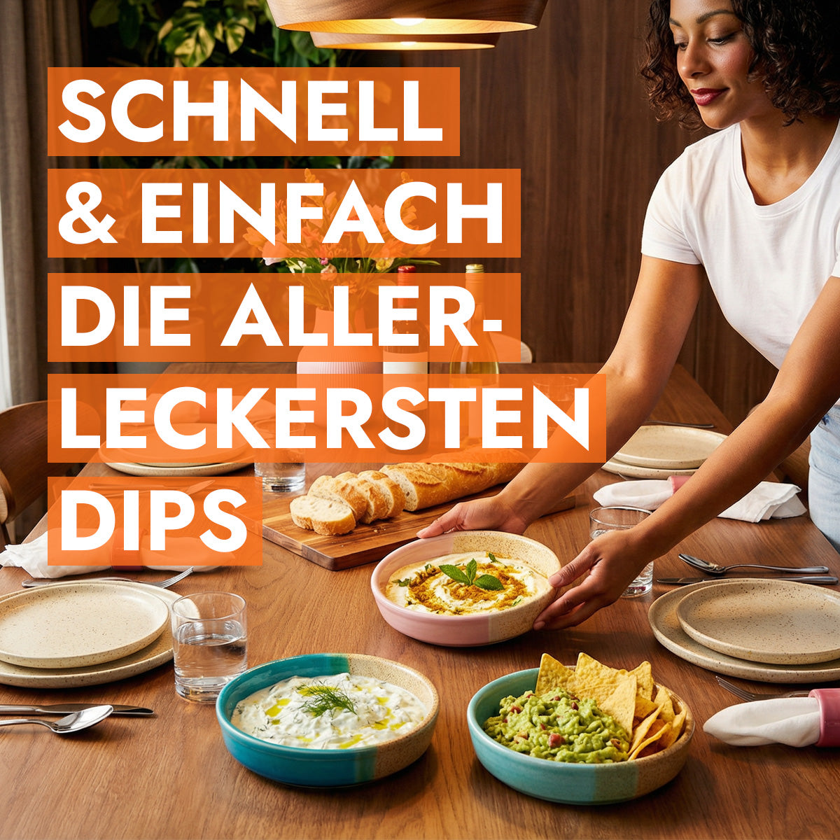 Mehrere Dipschalen angeordnet auf einem Tisch gefüllt mit Dips und Brotaufstrichen wie Humus und Guacamole.
