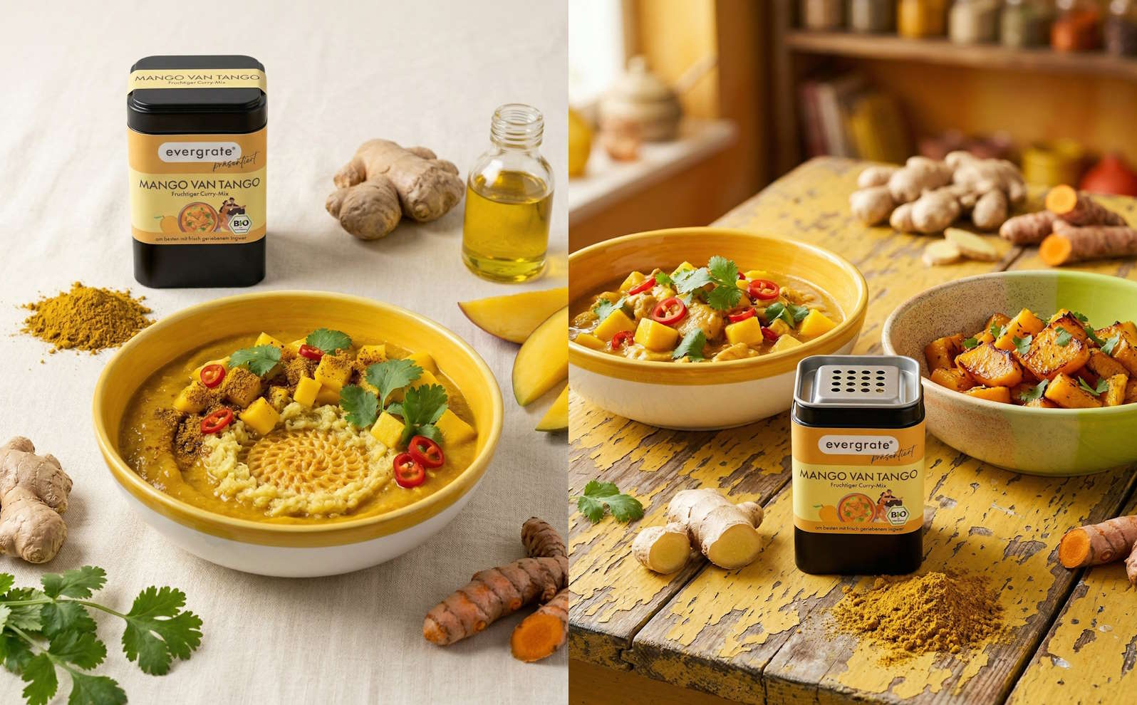 Gewürzmischung Mango van Tango zusammen mit frischem Ingwer in einer Reibeschale für aromatische Gerichte