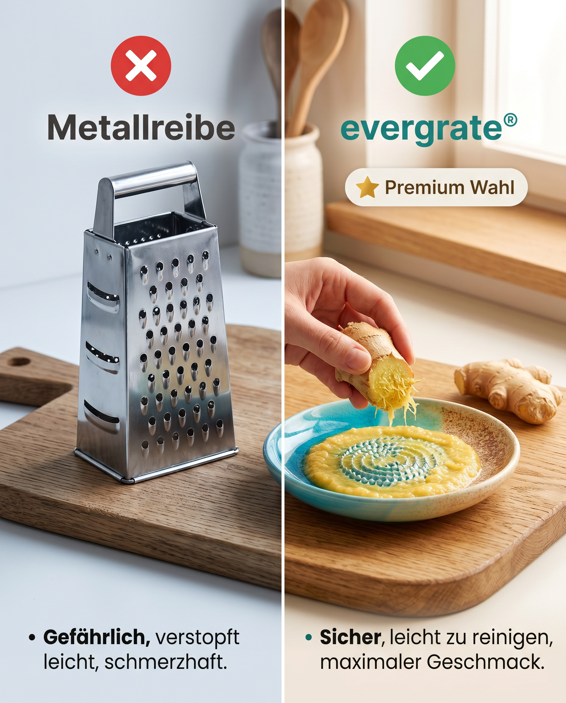 Vergleich der Ingwerreibe aus Keramik mit einer Metallreibe. Metallreibe: verstopft leicht, schmerzhaft. Reibe aus Keramik: Sicher, leicht zu reinigen, maximaler Geschmack.