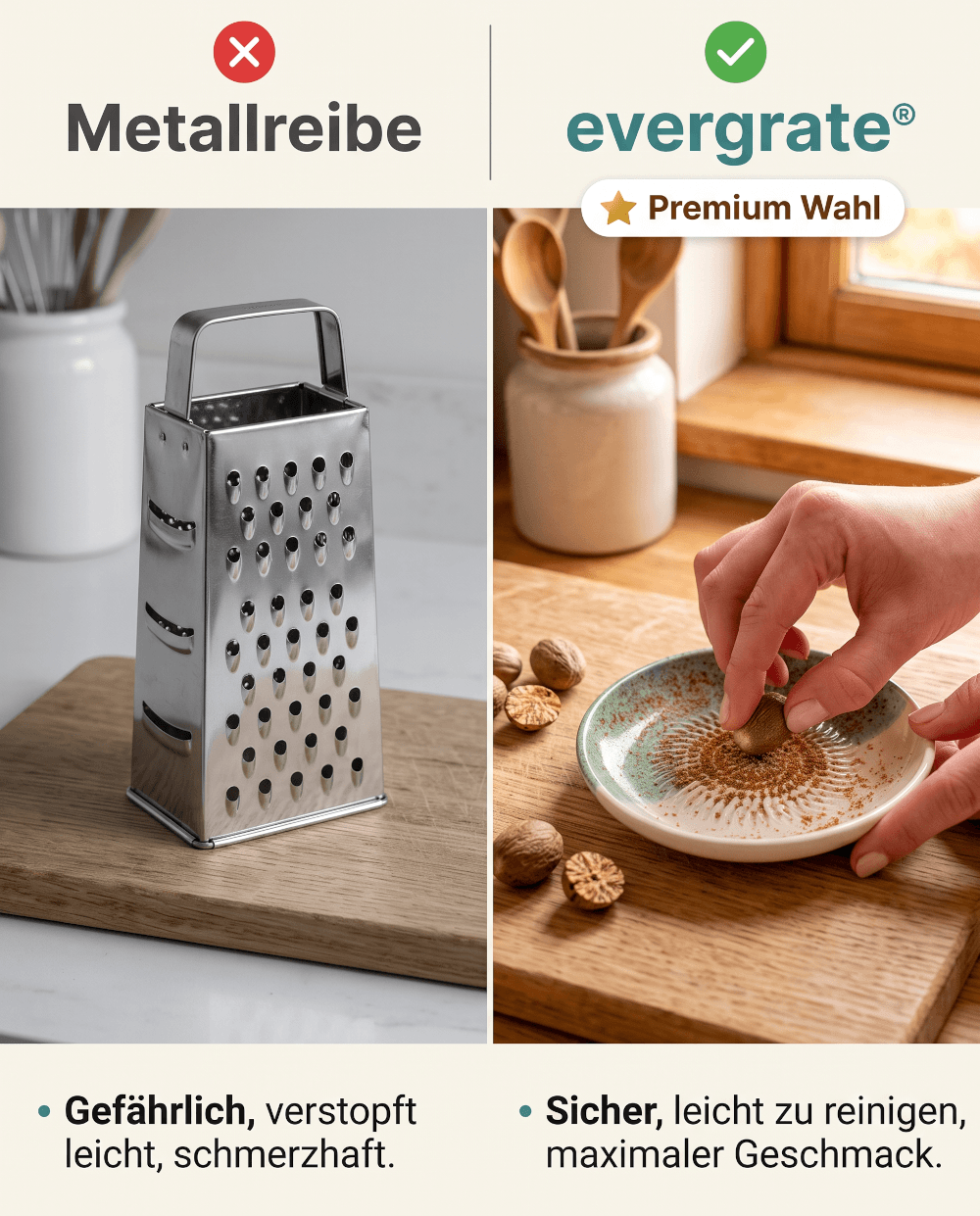 Vergleich Muskatreibe aus Keramik von Evergrate mit Metallreibe