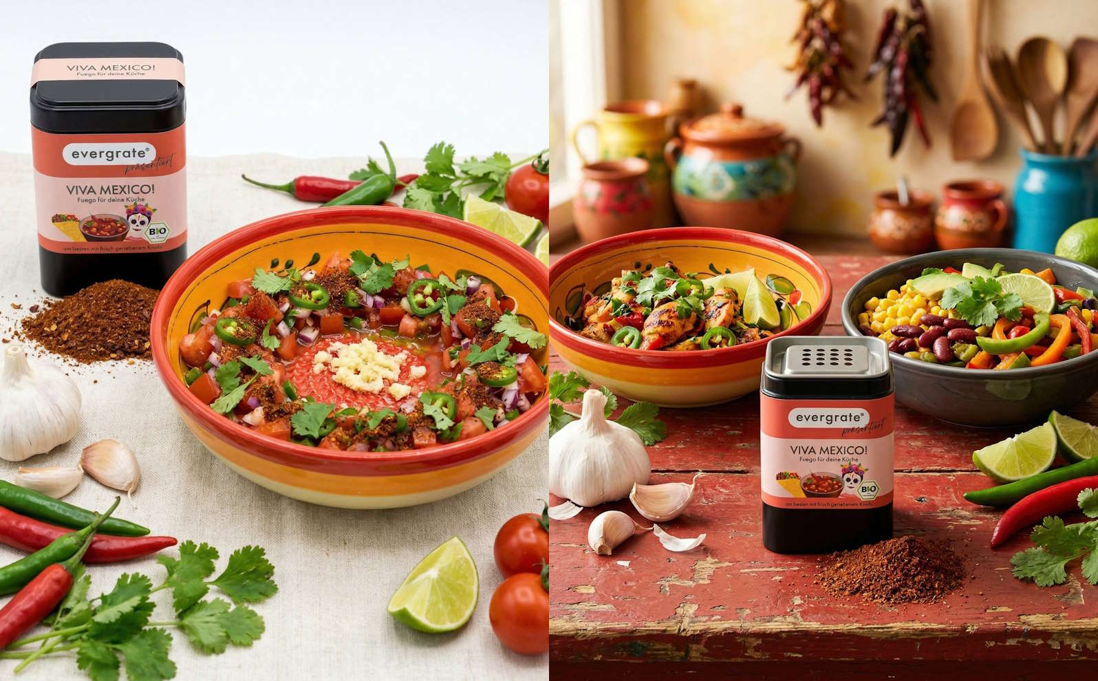 Scharfe Gewürzmischung Viva Mexico zusammen mit frischem Knoblauch in einer Reibeschüssel für besonders aromatische Gerichte