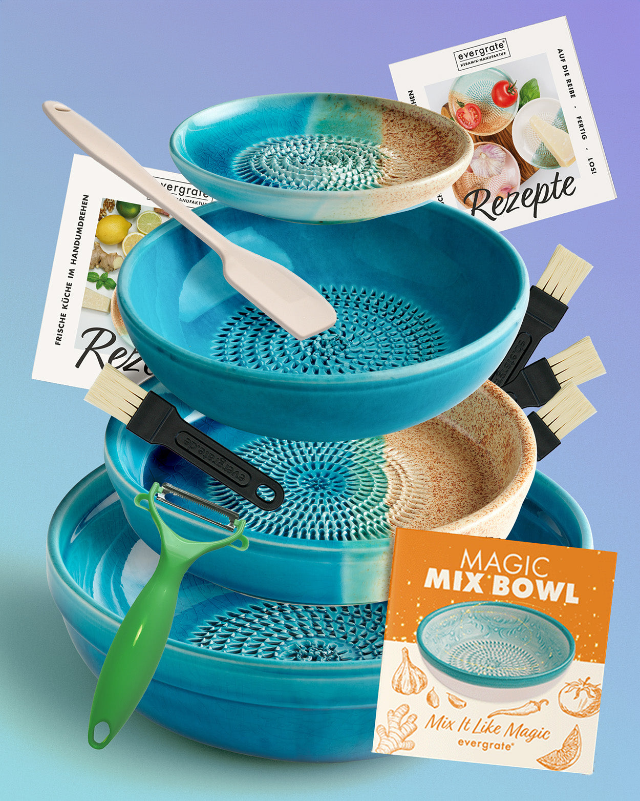 <strong>Ingwer-Gourmet-Set</strong> <br> Tellerreibe + Dipschale + Magic Mix Bowl + Reibeschüssel + Silikonspachtel + Sparschäler